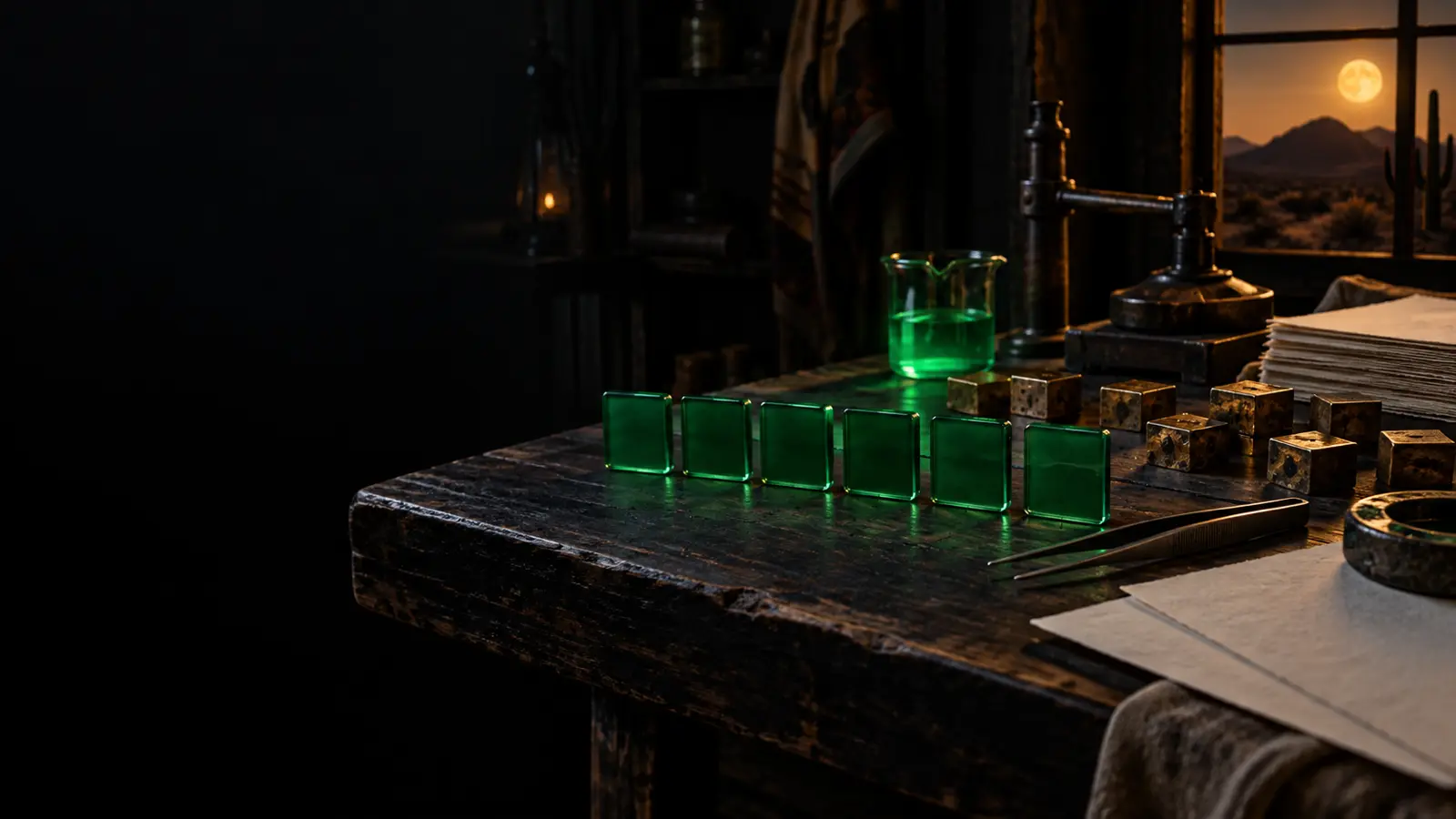 A row of blank green glass squares alongside inverted letterpress blocks and glowing beakers on a dark table
