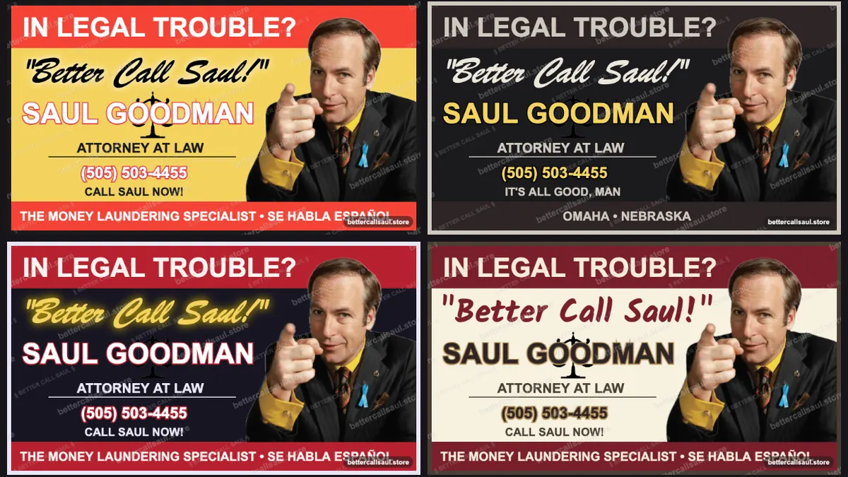Cuatro plantillas de tarjeta Better Call Saul de esta galería: clásica amarilla, Gene oscura, neón y pergamino