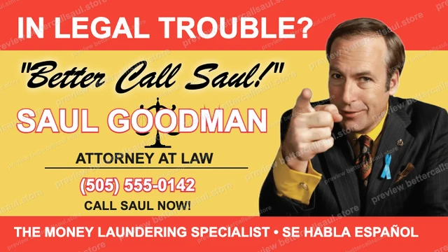 Better Call Saul kart örneği — bu ücretsiz oluşturucuyla yapılmış Saul Goodman avukat kartı