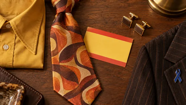 A mustard shirt, a retro patterned tie, gold cufflinks, a pinstripe jacket with a blue ribbon pin and a gold and red business card laid flat on a wooden table