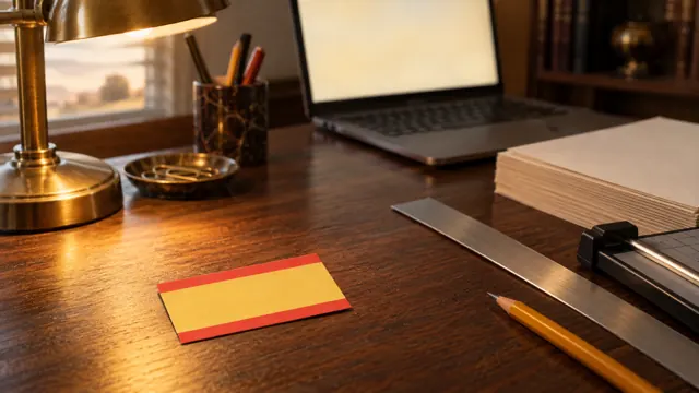 A gold and red business card on a walnut desk beside a laptop, a steel ruler, a paper trimmer and a stack of cardstock